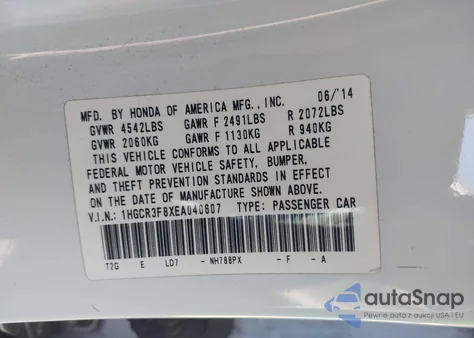 2014 Honda Accord Ex-L V-6 из США, поврежденный, VIN 1HGCR3F8XEA040607